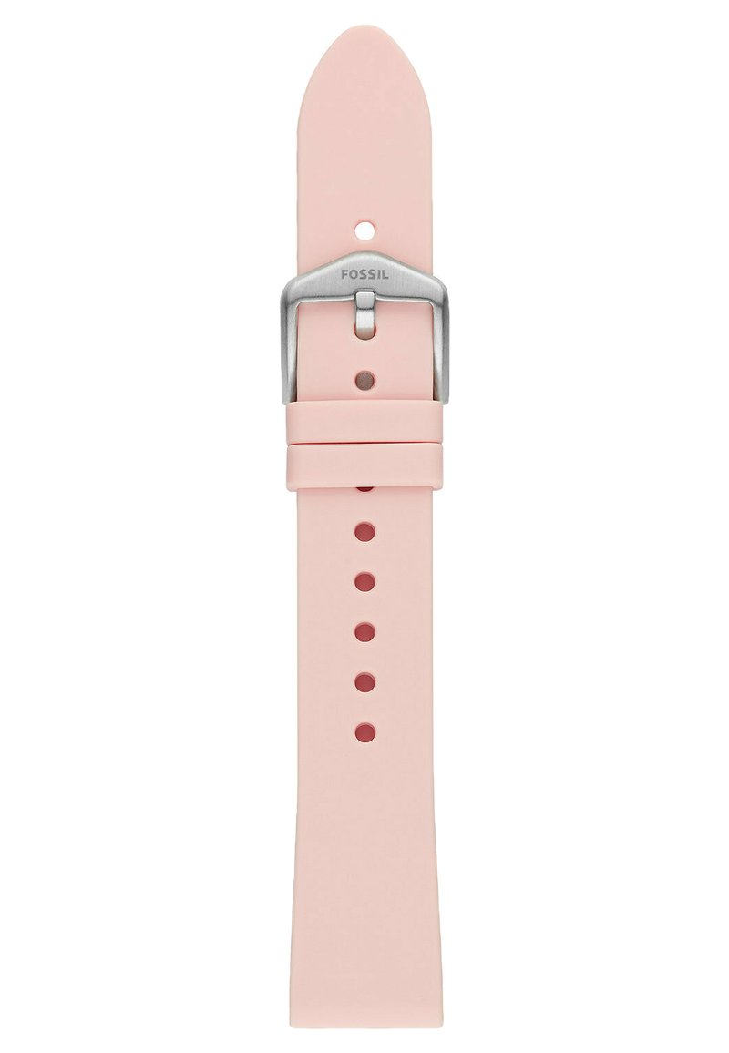 Bracelet en silicone rose avec des extrémités arrondies, boucle en acier inoxydable et plusieurs trous d'ajustement pour personnaliser la taille.