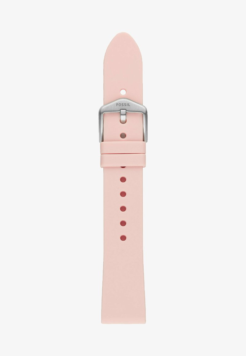 Bracelet en silicone rose avec des extrémités arrondies, boucle en acier inoxydable et plusieurs trous d'ajustement pour personnaliser la taille.