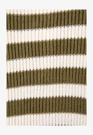 Tissu tricoté avec des rayures larges alternées en vert olive et crème, présentant une texture côtelée et un motif de points homogène.