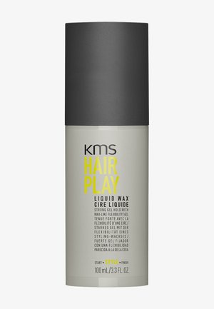 Bouteille de cire liquide KMS Hair Play avec bouchon noir, 100 ml, étiquetée pour tenue forte type gel et flexibilité de coiffage cireuse.