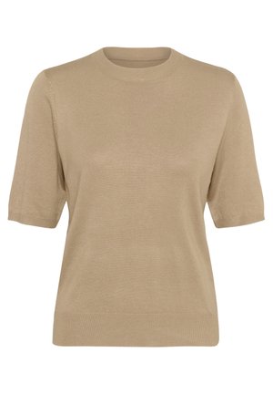 Bežna kratkosleeve pulover s okroglim izrezom, rebrasto teksturo in sproščenim krojem. Material se zdi mehak in lahek z gladkim zaključkom.