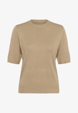 Pulover bej cu mânecă scurtă, gât rotund, textură canelată și croială lejeră. Materialul pare moale și ușor, cu un finisaj neted.