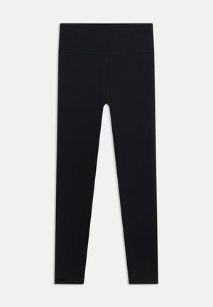 Black high-waisted full-length leggings with a smooth waistband, displayed flat on a white background.