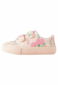 Blommönstrade canvas-sneakers i mjuk rosa, med två kardborreband och en texturerad gummisula. Rundad tå och vadderad krage.