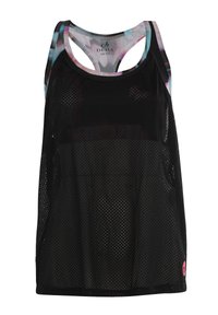 Sort mesh tanktop med en farverig mønstret racerback. Har en løs pasform, tekstureret materiale og et lille logo i pink på kanten.