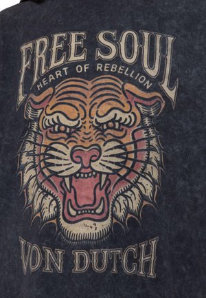 Von Dutch, T-SHIRT FEMME OVERSIZE COL ROND ACID WASH PRINT DEVANT ET DOS TIGER - T-shirt imprimé - noir