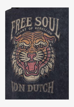 Von Dutch, T-SHIRT FEMME OVERSIZE COL ROND ACID WASH PRINT DEVANT ET DOS TIGER - T-shirt imprimé - noir