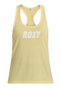 Hellgelbes Tanktop mit Rundhalsausschnitt und Racerback-Design. Auf der Vorderseite befindet sich ein weißes "ROXY"-Logo. Weicher Stoff, lockere Passform.