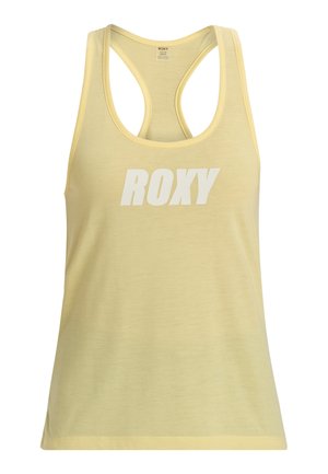 Lichtgele tanktop met een ronde hals en racersnit. Voorzien van een witte "ROXY" logo aan de voorkant. Zachte stof, casual pasvorm.
