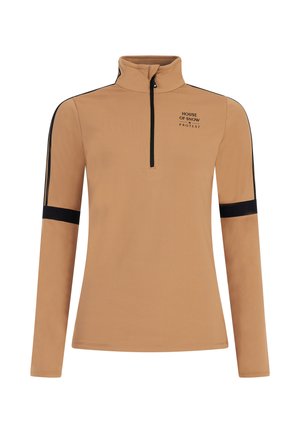 Brončana dukserica dugih rukava s polu-zipom i crnim akcentima; ima visoki ovratnik i logo na prsima; glatka tekstura.