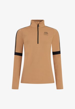 Bronzový pulóver s dlhým rukávom a polovičným zipsom, s čiernymi akcentmi; má vysoký golier a logo na hrudi; hladká textúra.