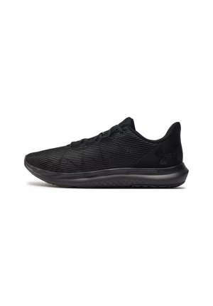 Black athletic shoes featuring a textured mesh upper, flat laces, cushioned sole, and a streamlined silhouette with minimal branding.