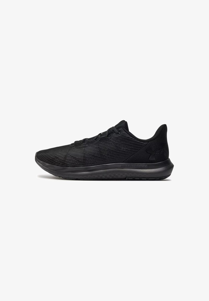 Black athletic shoes featuring a textured mesh upper, flat laces, cushioned sole, and a streamlined silhouette with minimal branding.