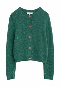 Zelený, tečkovaný pletený cardigan s dlouhými rukávy, kulatým výstřihem a pěti hnědými knoflíky vpředu; žebrovaný lem v pase.