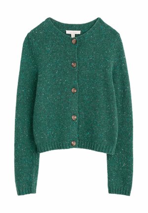 Green, speckled knit cardigan with long sleeves, rounded neckline, and five brown buttons down the front; ribbed hem at the waist.