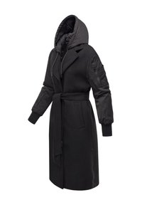 Black coat with a belted waist, hood, and mixed materials; features quilted sleeves and side pockets; tailored design with a chic silhouette.