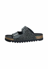 Black and gray leopard print sandals with two adjustable buckles, cork midsole, and scalloped rubber outsole, offering a casual design.