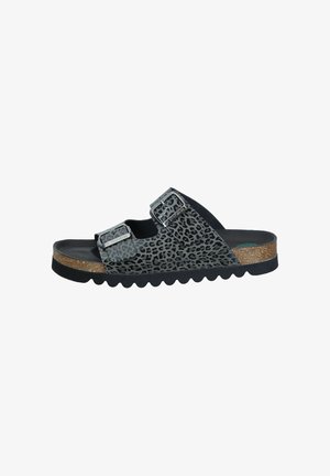 Black and gray leopard print sandals with two adjustable buckles, cork midsole, and scalloped rubber outsole, offering a casual design.