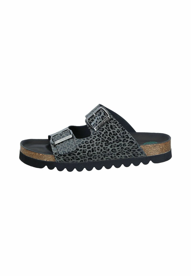Black and gray leopard print sandals with two adjustable buckles, cork midsole, and scalloped rubber outsole, offering a casual design.