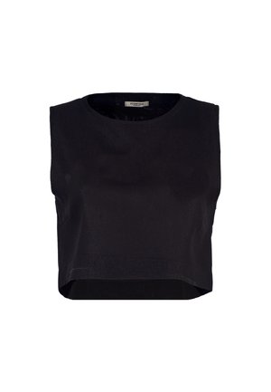 Top nero senza maniche, corto, con scollo rotondo e etichetta all'interno del colletto con la scritta "Acanfora".