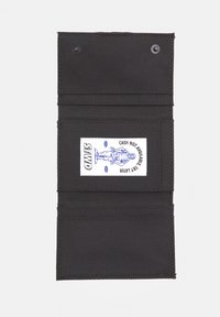 Black fabric wallet with multiple card slots, featuring a white label with blue text and graphic. Fastens with two snap buttons.