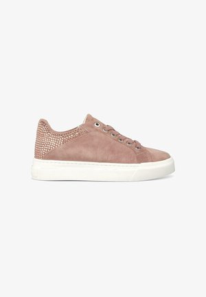 Light pink suede sneakers with a white rubber sole, featuring metallic accent details on the heel and traditional lace-up design.