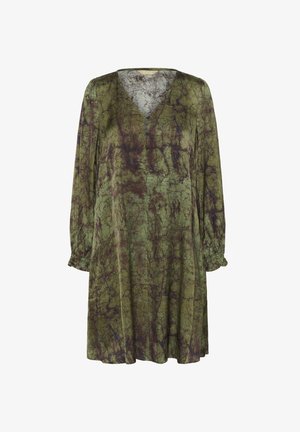 Robe verte avec un motif texturé et des accents plus foncés, un décolleté en V, des manches longues et des poignets froncés. Fabriquée dans un tissu doux et fluide.