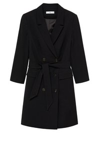 Robe blazer noire à manches longues, double boutonnage, avec ceinture et deux poches à rabat à l'avant, avec col à revers cranté.