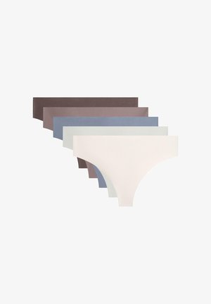 Pack of six women's thong underwear in varying shades: dark brown, mauve, blue, light blue, light grey, and white. Smooth, stretchy fabric.