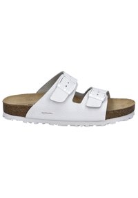 White leather slide sandals with two adjustable straps, cork footbed, and a textured upper. Rubber sole with a flat design and rounded shape.