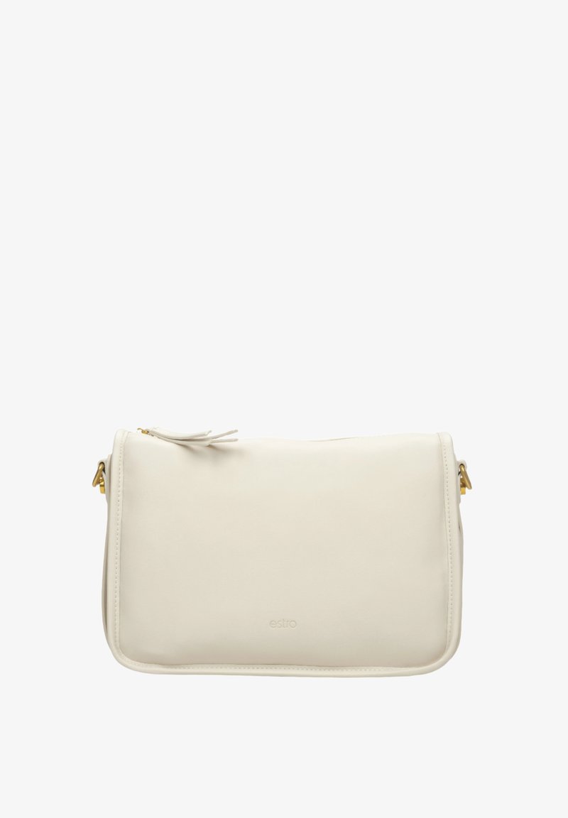 Biała skórzana torebka o gładkiej fakturze, prostokątnym kształcie, złotych akcentach i małym suwakiem. Na froncie nadrukowane logo marki.
