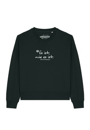 Schwarzes Langarm-Sweatshirt mit weißem handgeschriebenem deutschen Text mit dem Schriftzug "es ist, wie es ist", mittig auf der Vorderseite.