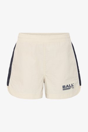 Shorts beige con cintura elastica e pannelli laterali in blu navy. Presentano una leggera texture, orli arrotondati e il logo "BALL 74" sul davanti.