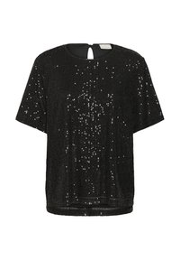 Sort sequins top med korte ærmer, rund udskæring og nøglehuldsdetalje bagpå. Glat stof med en blank tekstur fra paljetterne.