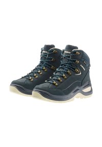 Hoge wandelboots van donkerblauw synthetisch materiaal, met metalen oogjes, gestructureerde veters en een witte rubberen zool.