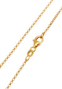 Collana in metallo dorato con piccoli anelli rotondi, dotata di chiusura a gabbiano e di un'etichetta contrassegnata "925". Texture liscia e finitura lucida.