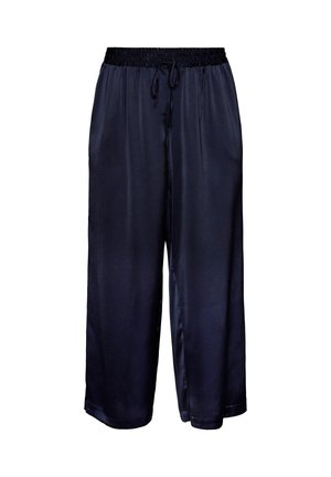 Loose-fit, navy blue satin pants with elastic waistband and drawstring, wide legs ending above the ankle.