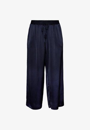 Loose-fit, navy blue satin pants with elastic waistband and drawstring, wide legs ending above the ankle.