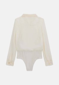 Hosszú ujjú bodysuit tört fehér színben, gallérral, gombos mandzsettákkal és sima, áttetsző textúrával rendelkező, testhezálló derékkal.