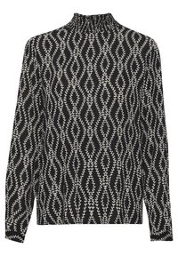 Haut noir à manches longues avec un motif de feuilles blanches, col montant, coupe décontractée et tissu texturé. Pas de fermetures ou accents visibles.