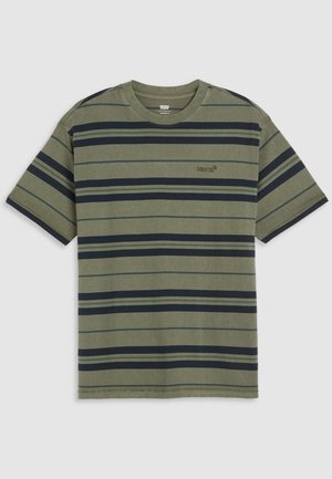 Green short-sleeve T-shirt with navy horizontal stripes, crew neckline, and embroidered logo on the chest. Soft cotton material.