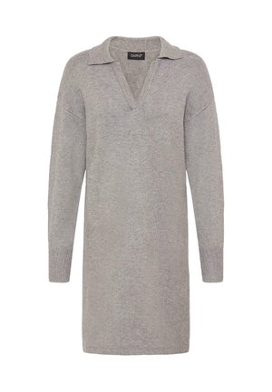 Pilka megzta suknelė su apykakle V formos iškirpte, ilgomis rankovėmis ir briaunotais manžetais; minkšta tekstūra, iki šlaunų ilgio. Matomas prekės ženklas.