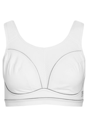 Bijela sportska brusnica s podstavljenim košaricama, teksturiranim mrežastim panelima, širokim naramenicama i suptilnim sivim akcentima uz šavove. Dizajnirana za potporu.