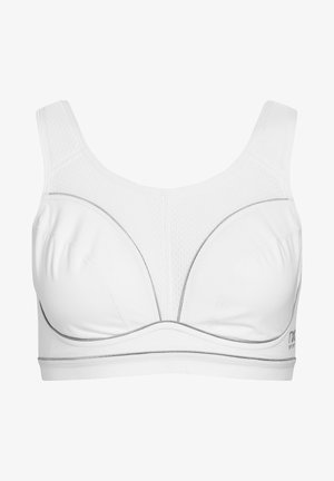 Bijela sportska brusnica s podstavljenim košaricama, teksturiranim mrežastim panelima, širokim naramenicama i suptilnim sivim akcentima uz šavove. Dizajnirana za potporu.