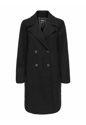 Sort dobbeltbrystet frakke med brede revers, lange ærmer og forlommer. Lavet af et tekstureret stof med knapper. Enkel og klassisk design.