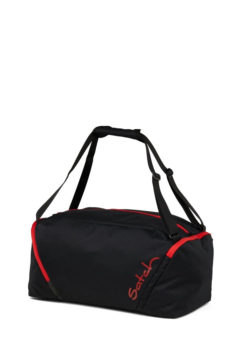 Borsa a duffel nera con accenti rossi, realizzata in nylon resistente. Presenta doppie cinghie per le spalle e una maniglia superiore per opzioni di trasporto versatili.