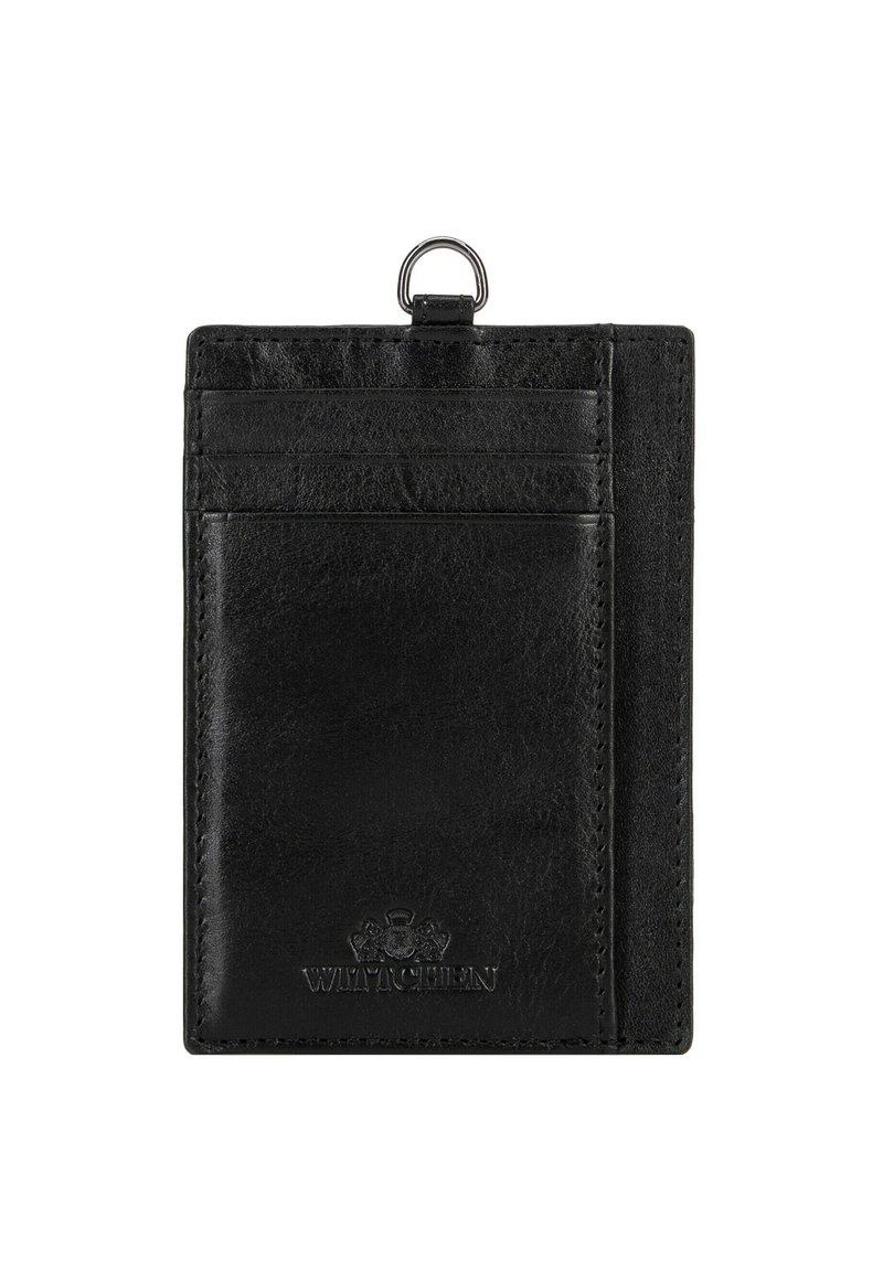 Tarjetero de cuero negro con cuatro ranuras para tarjetas, un compartimento central y un bucle de metal en la parte superior. Presenta un logotipo de la marca grabado en la parte inferior.
