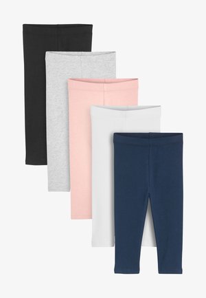 Vijf paar legging in zwart, grijs, roze, wit en marineblauw, gemaakt van zachte stof met een gladde textuur en elastische taillebanden.