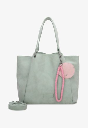 Borsa tote in ecopelle verde chiaro con doppi manici, dotata di un portachiavi circolare rosa e tracolla staccabile. Texture liscia, design minimal.