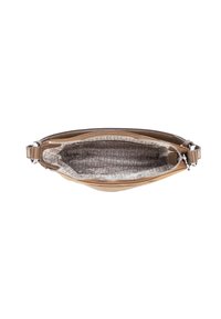 Borsa a mano in pelle beige con una texture liscia, dotata di chiusura a zip e fodera interna a motivo con logo del marchio ripetuto.